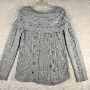 White House Black Market Gray Embellished Cable Knit Off Shoulder Sweater Size S